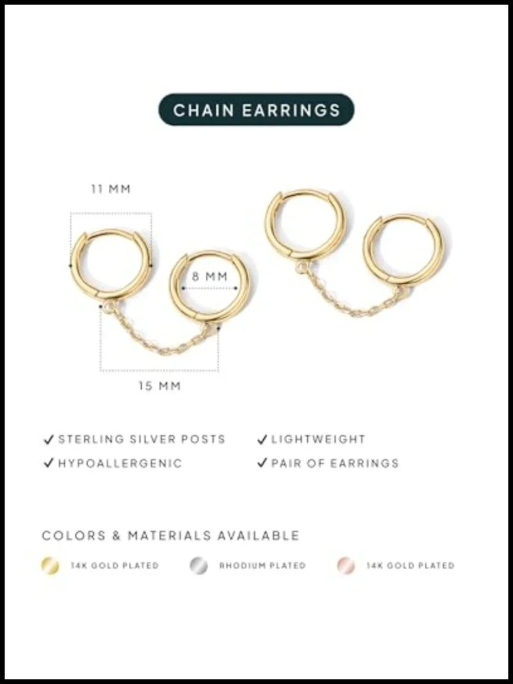 14K Gold Plated Double Piercing Chain Huggie Hoop Earrings with Pearl Stud